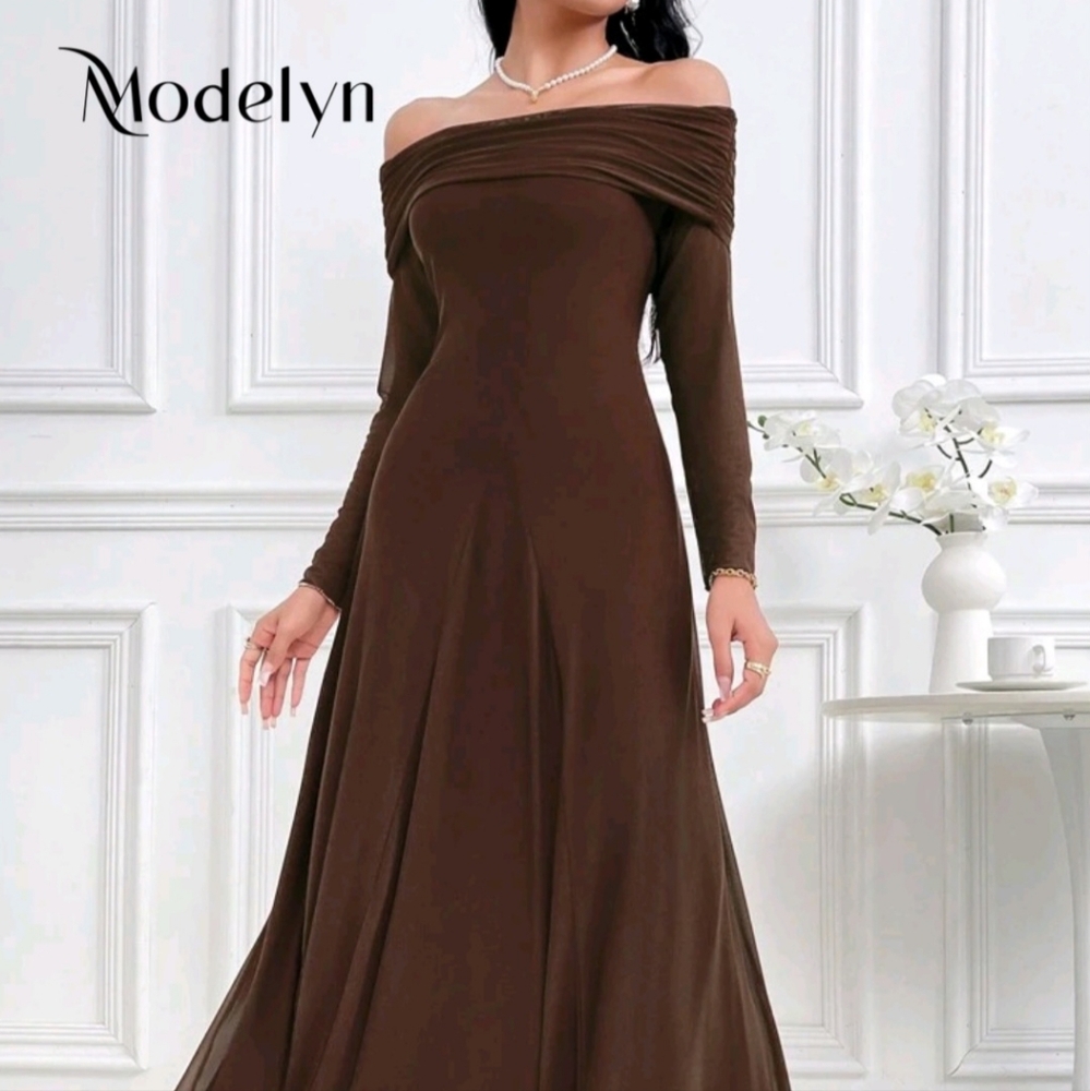 Long Sleeve Off-Shoulder Brown Dress